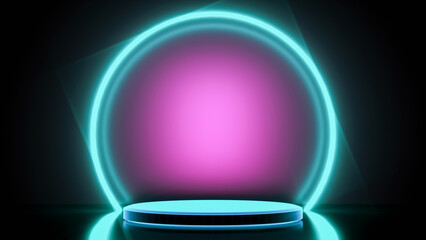 podium and various basic objects neon glowing (3d rendering)