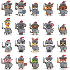 Vector illustrations of Animal characters in Knight costume. Vector illustration bundle. Flat Cartoon Style. Collection of funny Animal isolated on a white background.