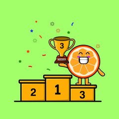 Fototapeta premium Cute cartoon orange fruit as the third winner with happy expression in 3d modern style design