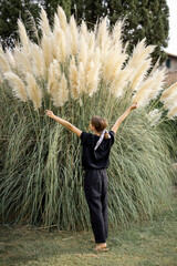 Woman enjoys beautiful huge decorative Pampas grass at her garden. Concept of wild grasses in...