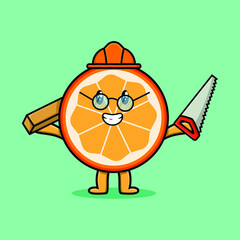 Cute cartoon orange fruit as carpenter character with saw and wood in 3d modern style design