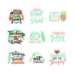 Hand lettering quotes stickers set about teaching. Kindergarten teacher, tutor, instructor, mentor phrases. Problem solver. My students is the reason. Teaching is a work of the heart. Love teaching