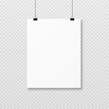 Hanging poster vector mockup PNG. Poster for advertising, blank template. White blank poster on isolated transparent background.