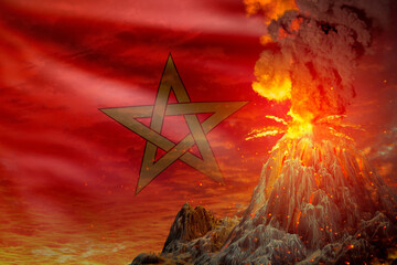 high volcano blast eruption at night with explosion on Morocco flag background, problems of eruption and volcanic earthquake conceptual 3D illustration of nature