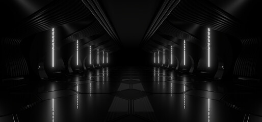 Fototapeta premium A dark tunnel lit by white neon lights. Reflections on the floor and walls. 3d rendering image.