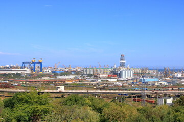 September 15 2021 - Constanta in Romania: Industrial port quay with heavy load gantry cranes, the largest on the Black Sea and the 18th largest in Europe