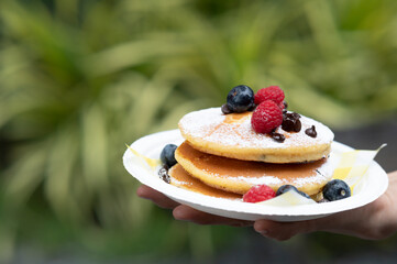 Pancakes on a plate, breakfast or brunch idea.
