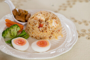 Fried rice with shrimp paste chili paste on food and drink concept