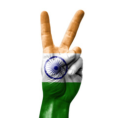 Hand making the V victory sign with flag of india
