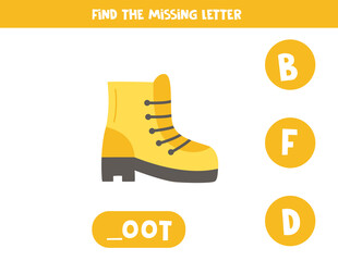 Find missing letter with hiking boot. Spelling worksheet.