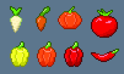 Pixel art vegetable set, 8-bit vegetables