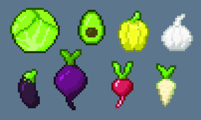 Pixel art vegetable set, 8-bit vegetables