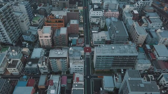 Aerial of the street grid of Sumida City in Tokyo, Japan