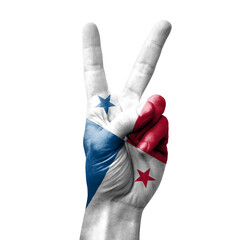 Hand making the V victory sign with flag of panama