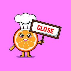 Cute cartoon orange fruit chef character holding close sign designs in concept 3d cartoon style