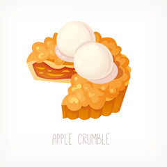 Traditional english apple crumble pie served with balls of ice cream. Isolated vector illustration.