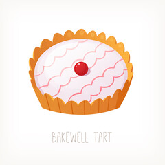 Bakewell tart traditional delicious English dessert with plain dough raspberry jam and almond custard cream decorated with feather icing and a berry on top. Isolated vector image