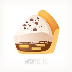 Piece of banofee pie traditional english dessert with biscuit bananas toffee and chocolate ships on top of whipped cream layer. Isolated vector image