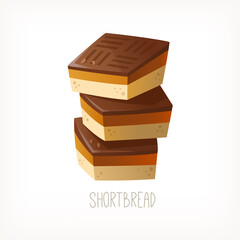 Stack of square chocolate caramel shortbread cookies. Traditional delicious British dessert for everyday lunch. Isolated vector image.