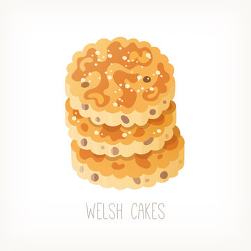Stack of welsh cakes traditional pancakes or biscuits with raisins that remind scones served for breakfast with sugar butter and cream with tea or coffee. Isolated vector image 