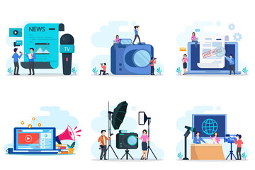 Journalist header concept. Newspaper, internet and journalism. Vector illustration in cartoon style.