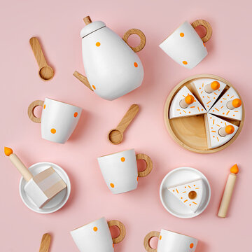 Children's Tea Set And Cake With Candles. Cute Kids Toys To Play In The Kitchen. Wooden Play Set. Educational Toys.