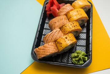 A traditional Japanese dish made from rice and fish.
Photo taken in a sushi bar in Vinnytsia