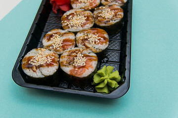 A traditional Japanese dish made from rice and fish.
Photo taken in a sushi bar in Vinnytsia