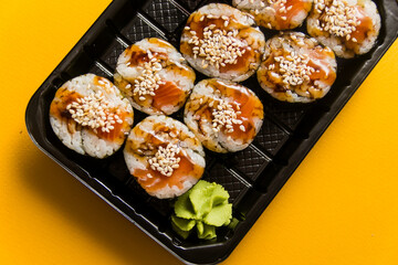 A traditional Japanese dish made from rice and fish.
Photo taken in a sushi bar in Vinnytsia