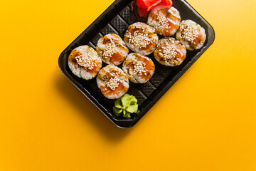 A traditional Japanese dish made from rice and fish.
Photo taken in a sushi bar in Vinnytsia