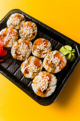 A traditional Japanese dish made from rice and fish.
Photo taken in a sushi bar in Vinnytsia