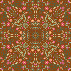 Floral seamless background pattern hand drawn. Different flowers and leaves on brown background.