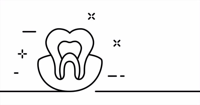 Continuous line art drawing stamotology. Single line drawing, solid line. One line animation of tooth x-ray, tooth model and examination. Video 4K