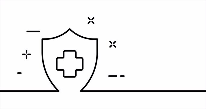 One line drawing, solid line medicine. One line drawing animation of health care, immunity and body protection. Hospital logo animated. Video 4K