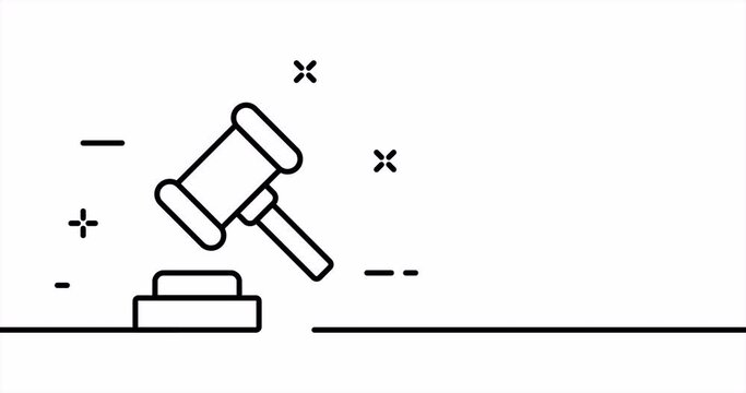 Single line drawing, solid line law. One line drawing animation of gavel, judicial tool and reprimand. Justice logo animated. Video 4K