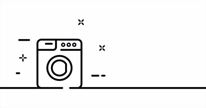 Single line drawing, solid line technique. One line drawing animation of laundry, washing machine and cleaning. Home appliances logo animated. Video 4K