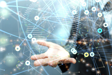 abstract lines with dots over dark background.