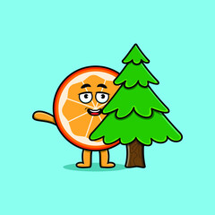 Cute cartoon Orange fruit character hiding tree in 3d modern design 