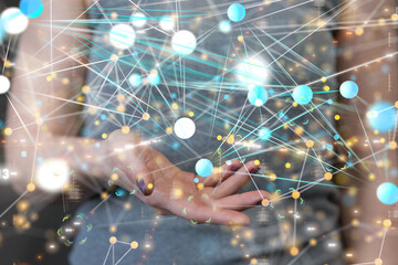 abstract lines with dots over dark background.