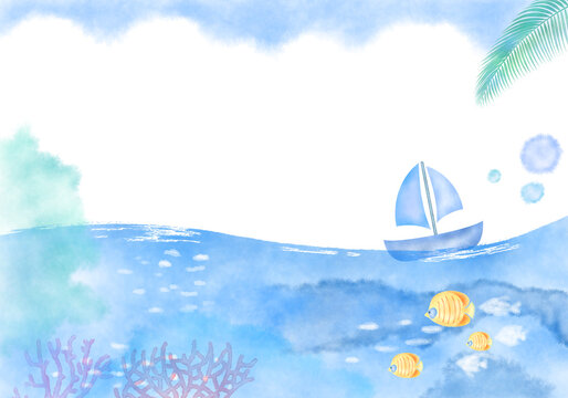 A summer and sea concept illustration with a hand painting of a watercolor image on a white background.