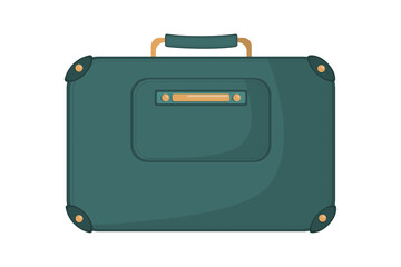 Travel green bag with a handle and gold inserts in a flat style. Vector image.