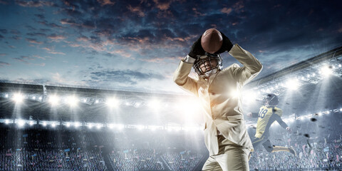 Businessman acting as american football players