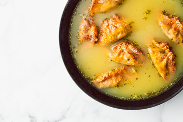 healthy plant-based food, homemade Chinese wonton dumplings soup with lentil carrot and onion filling