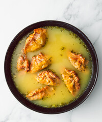 healthy plant-based food, homemade Chinese wonton dumplings soup with lentil carrot and onion filling