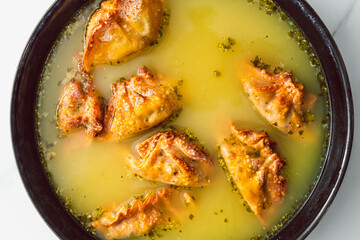 healthy plant-based food, homemade wonton dumplings with lentil carrot and onion filling