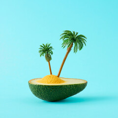 Creative layout made of avocado fruits and palm trees on blue background. Tropical beach concept. Minimal summer idea.