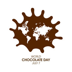 World Chocolate Day vector. Milk chocolate splash and world map icon vector isolated on a white background. Chocolate Day Poster, July 7. Important day