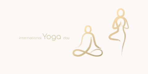 International yoga day, yoga body poses by abstract brush stroke paint gold isolated on white background. Vector illustration design for banner.