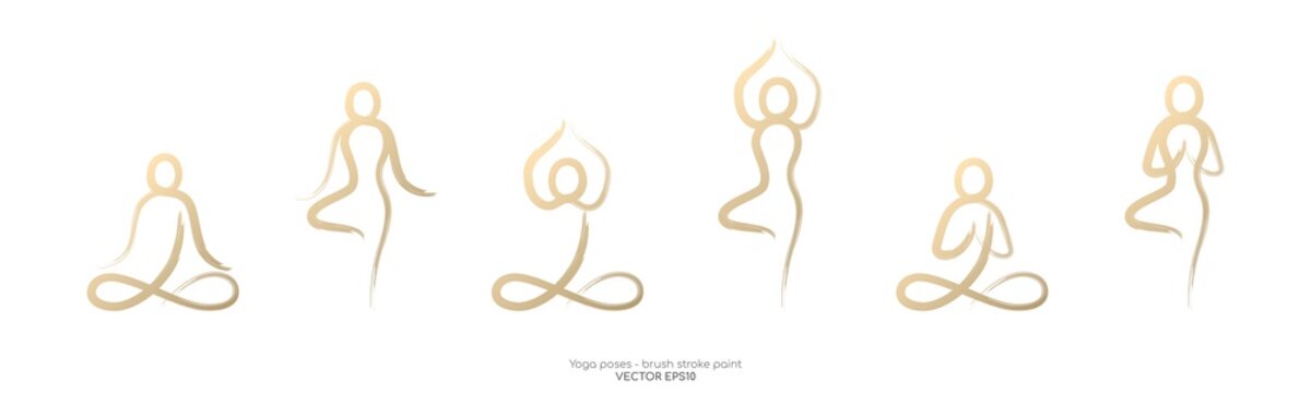 Set of yoga poses by abstract brush stroke paint gold isolated on white background. Vector illustration design  elements.