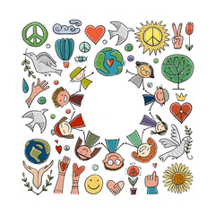 International peace day. Frame with Doves. People Holding Hands together.